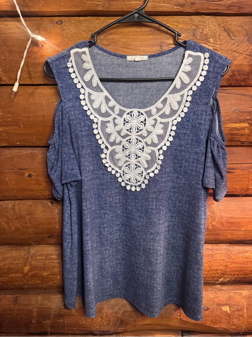 Ava James Blue Cold-Shoulder Top with White Lace V-Detail